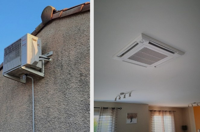 Unité extérieure sur support mural et cassette de climatisation encastrée au plafond