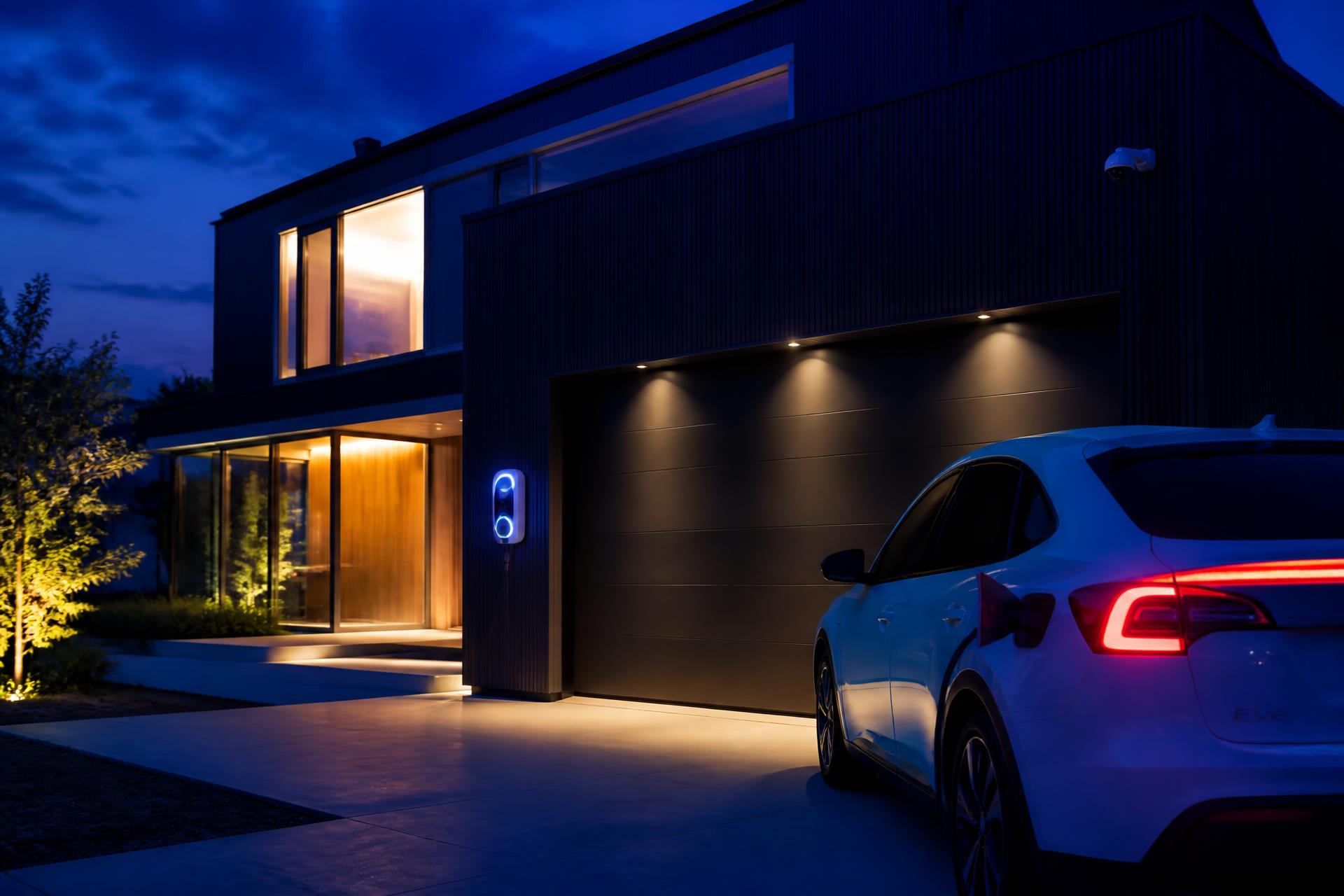 Maison moderne équipée d'une borne de recharge et de solutions technologiques NOVALTECK
