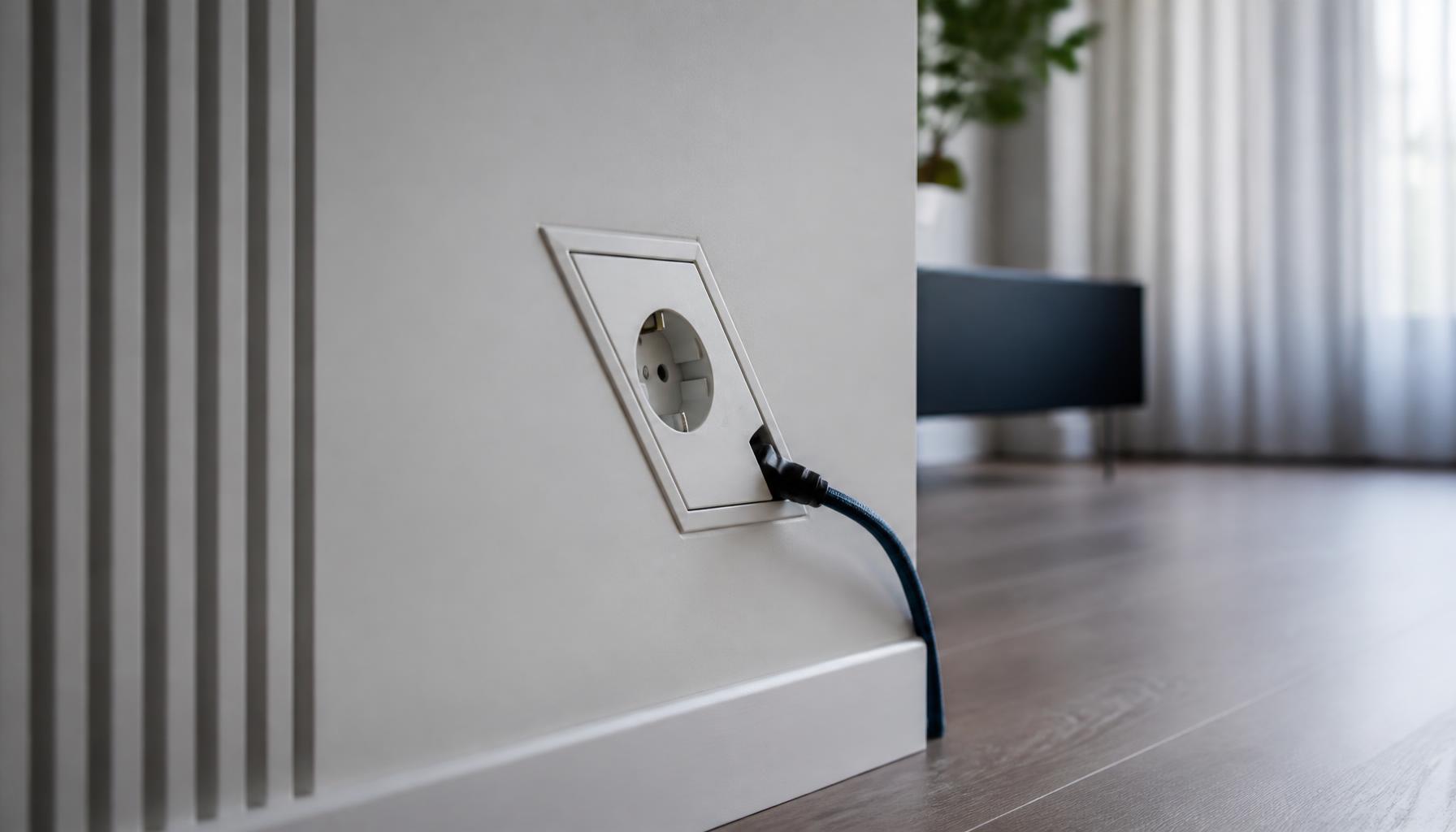 Prise électrique encastrée en 45 degrés dans un mur blanc
